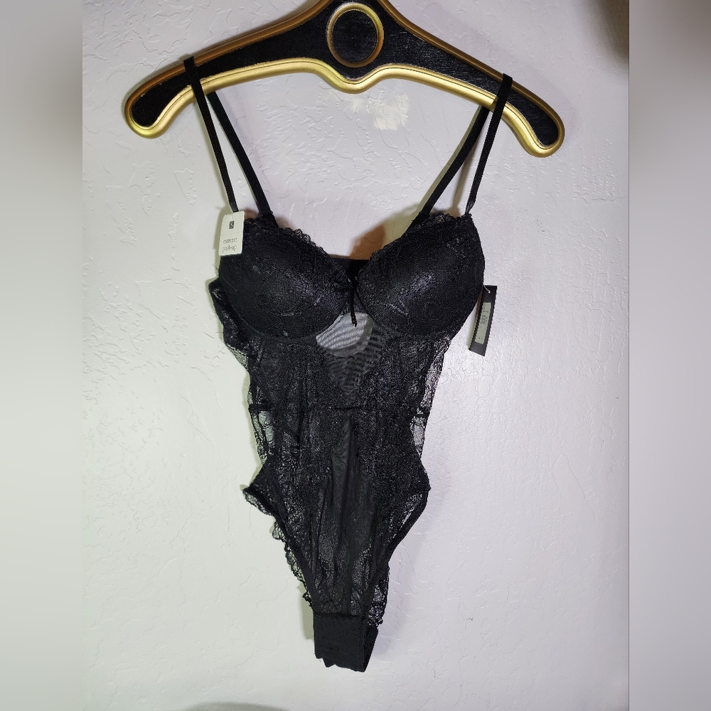 Frederick's of Hollywood Black Dina Lace and Mesh Bodysuit Size Small